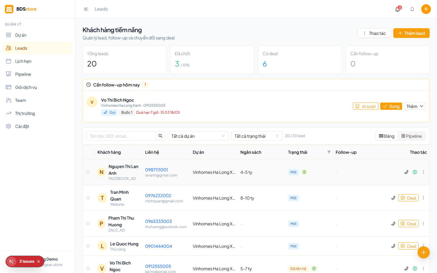 CRM leads dashboard với AI scoring