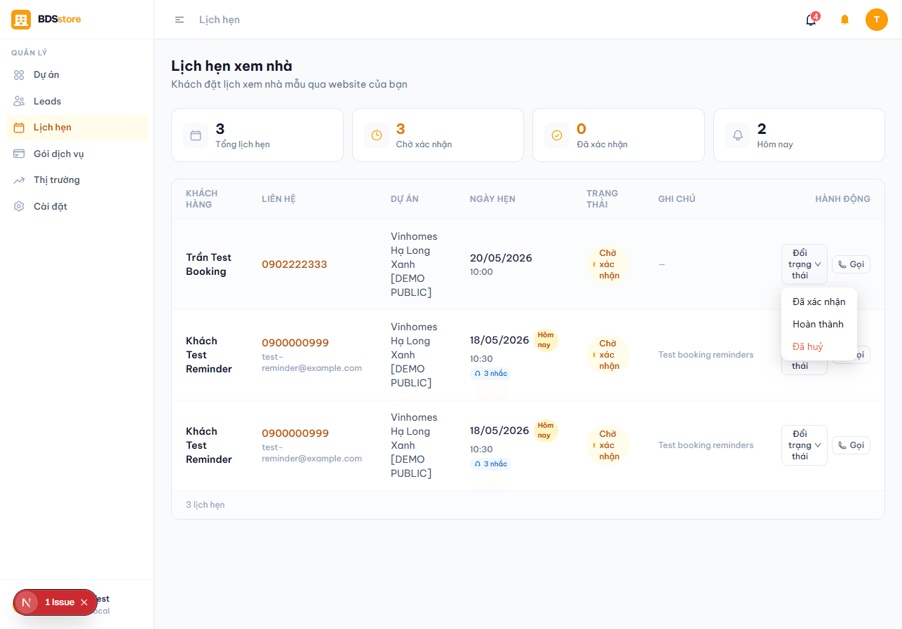 Dropdown chuyển trạng thái booking