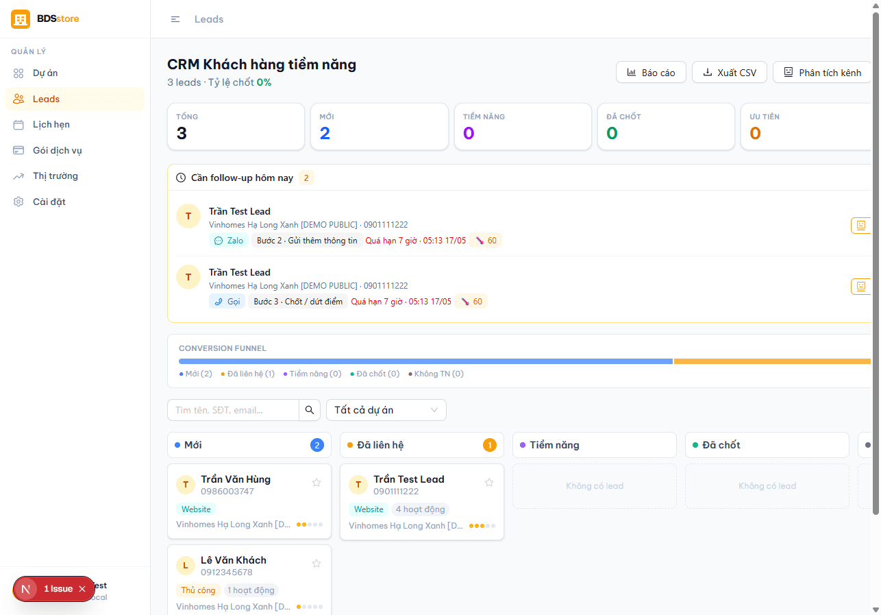 Dashboard CRM với widget follow-up hôm nay