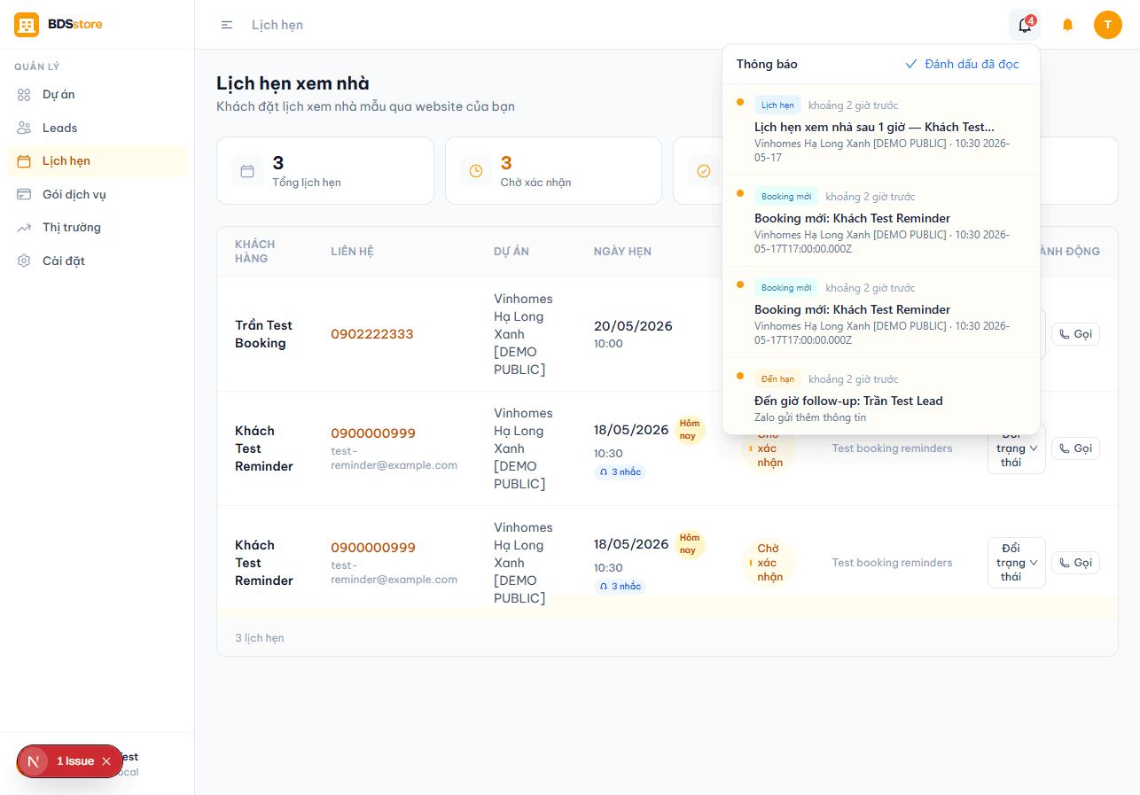 Dropdown thông báo với 4 loại sự kiện