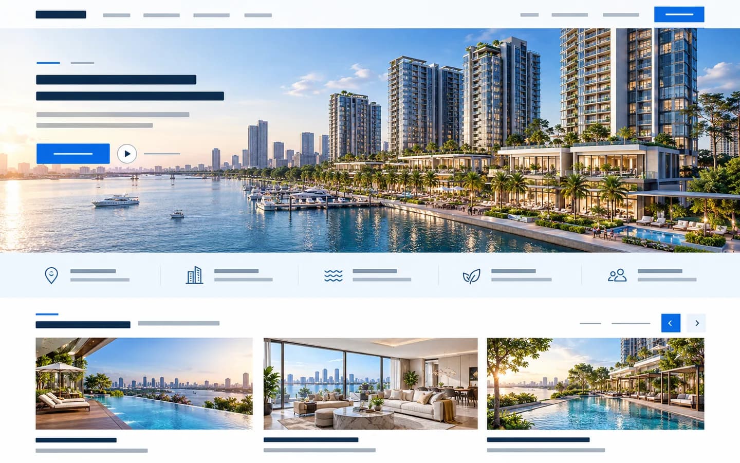 Giao diện website dự án bất động sản với hình ảnh căn hộ ven sông, tiện ích và khu vực tư vấn