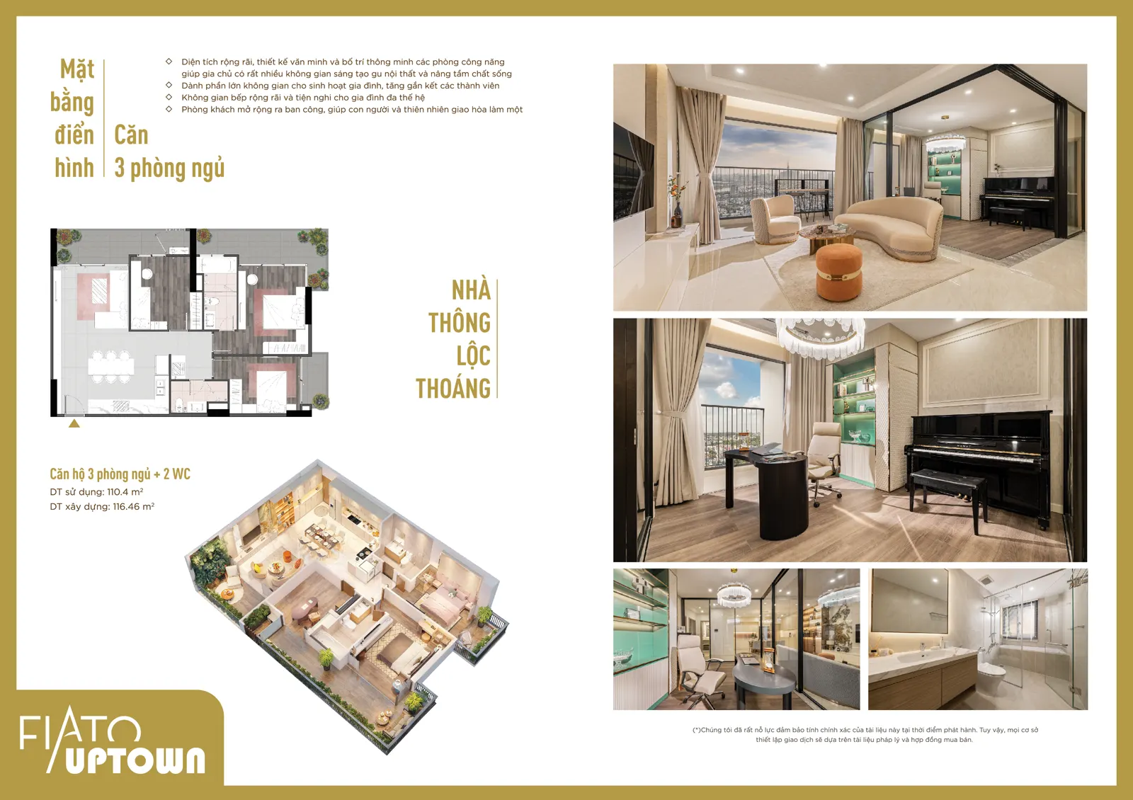 Căn 3PN · tim tường 116,46 m² · thông thủy 110,40 m²