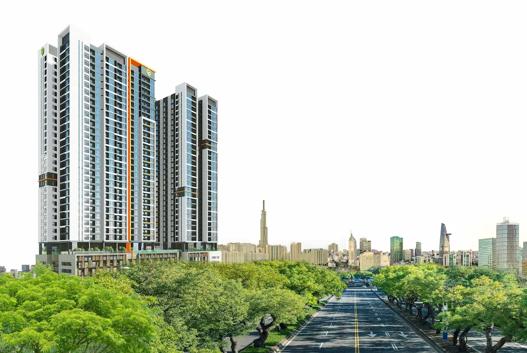 Hai tháp bên đại lộ Ba Tháng Hai · phối cảnh ban ngày