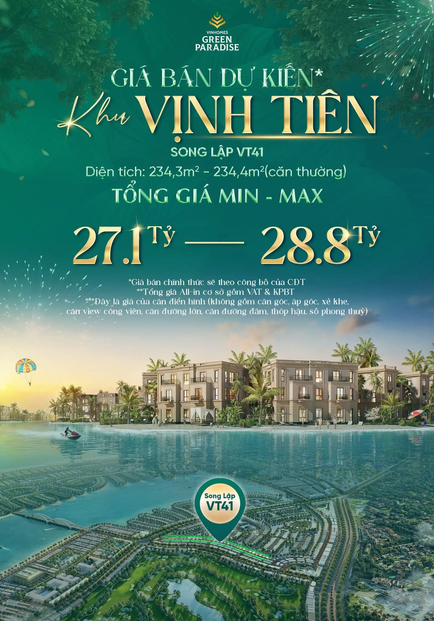 Giá dự kiến biệt thự song lập & đơn lập Vịnh Tiên