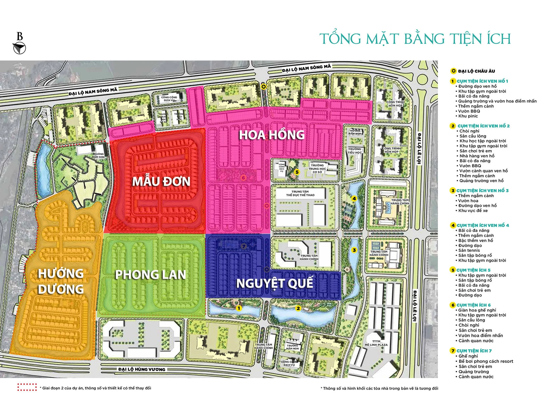 Tổng mặt bằng tiện ích Vinhomes Star City — các tiểu khu Hoa Hồng, Mẫu Đơn, Nguyệt Quế, Phong Lan, Hướng Dương thuộc khu thấp tầng.